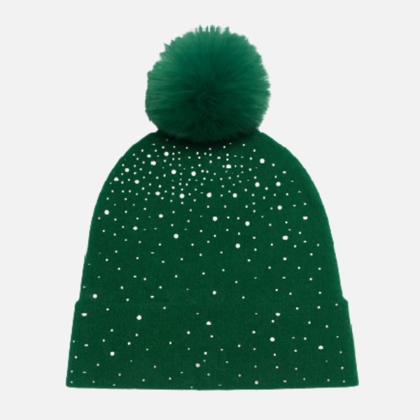 Fuzzy Knit Cuff Beanie With Faux Fur Pom & Rhinestone Details 

- One Size Fits Most 
- 100% Polyester 