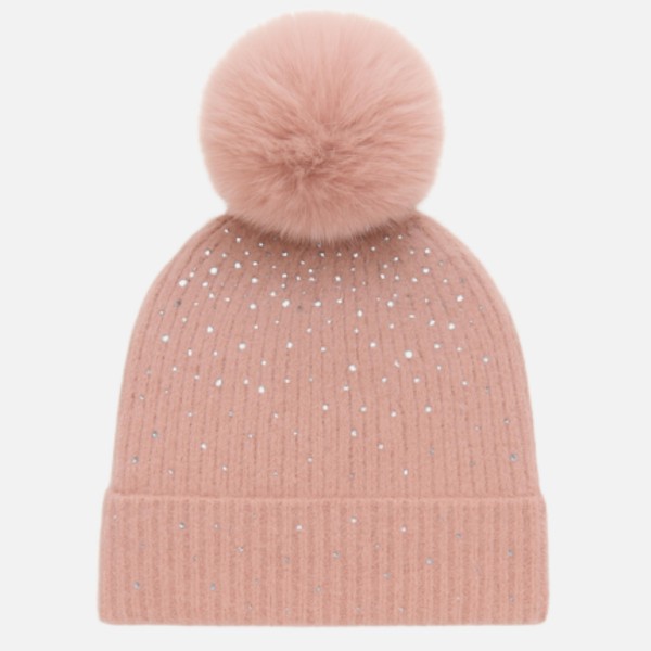 Wholesale fuzzy Knit Cuff Beanie Faux Fur Pom Rhinestone Details One Fits Most P