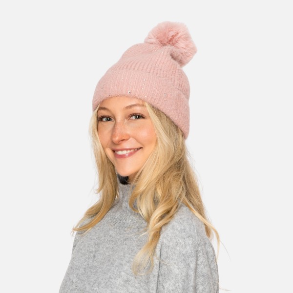 Fuzzy Knit Cuff Beanie With Faux Fur Pom & Rhinestone Details 

- One Size Fits Most 
- 100% Polyester 