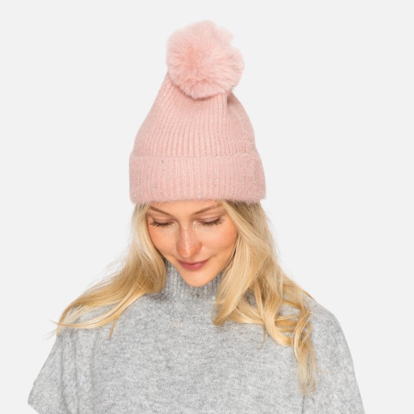 Fuzzy Knit Cuff Beanie With Faux Fur Pom & Rhinestone Details - One Size Fits Most - 100% Polyester view 5
