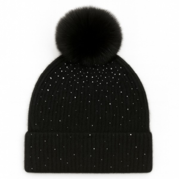 Fuzzy Knit Cuff Beanie With Faux Fur Pom & Rhinestone Details 

- One Size Fits Most 
- 100% Polyester 