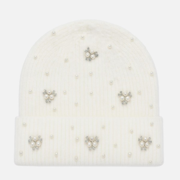 Fuzzy Knit Cuff Beanie With Faux Fur Pom, Rhinestone, & Pearl Details 

- One Size Fits Most 
- 100% Polyester 