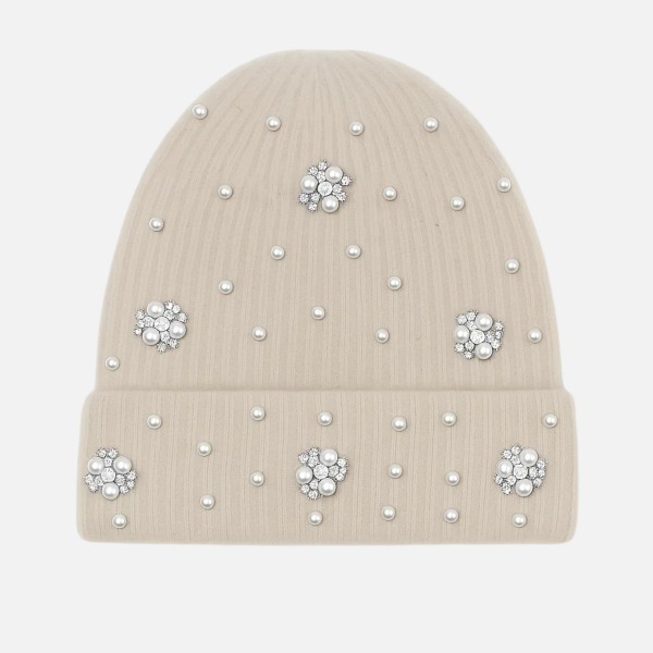 Wholesale fuzzy Knit Cuff Beanie Faux Fur Pom Rhinestone Pearl Details One Fits