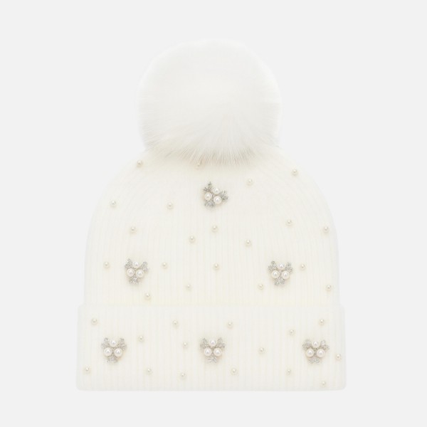Wholesale fuzzy Cuff Beanie Faux Fur Pom Rhinestone Pearl Details One Fits Most