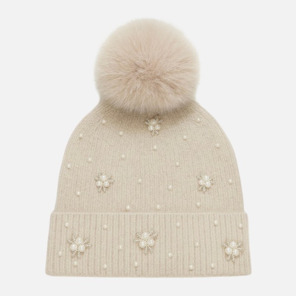 Fuzzy Cuff Beanie With Faux Fur Pom With Rhinestone & Pearl Details 

- One Size Fits Most 
- 100% Polyester 