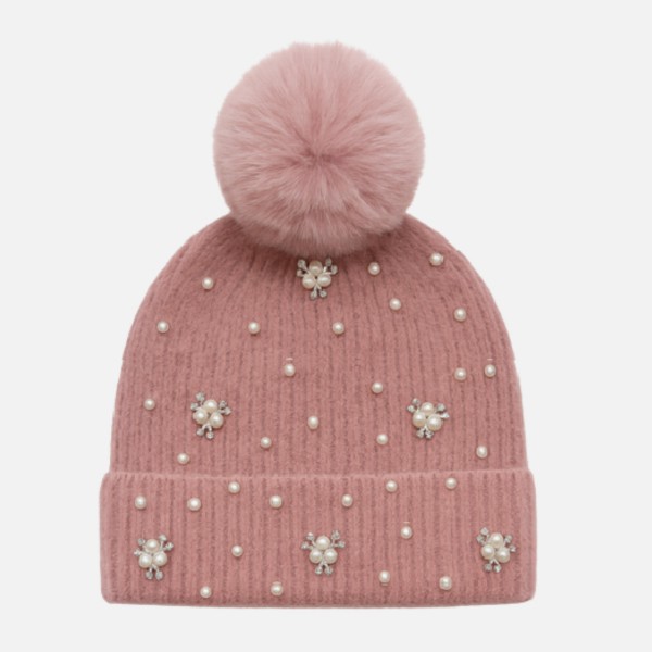 Wholesale fuzzy Cuff Beanie Faux Fur Pom Rhinestone Pearl Details One Fits Most