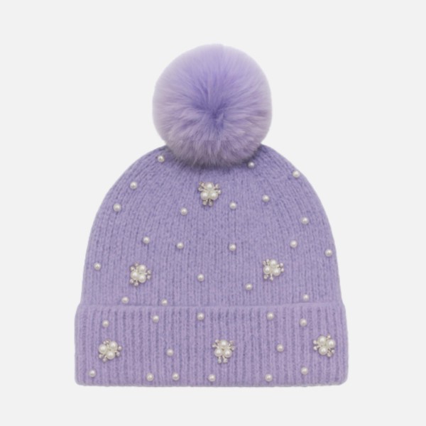 Wholesale fuzzy Cuff Beanie Faux Fur Pom Rhinestone Pearl Details One Fits Most