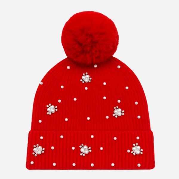 Fuzzy Cuff Beanie With Faux Fur Pom With Rhinestone & Pearl Details 

- One Size Fits Most 
- 100% Polyester 