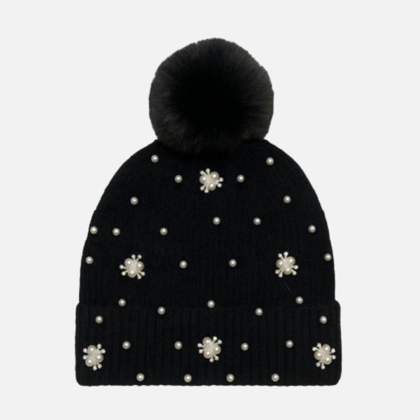 Wholesale fuzzy Cuff Beanie Faux Fur Pom Rhinestone Pearl Details One Fits Most