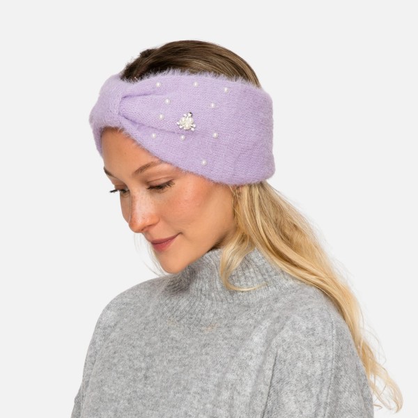 Fuzzy Knit Knotted Headwrap With Pearls & Pearl Cluster Details - One Size Fits Most - 100% Polyester view 5