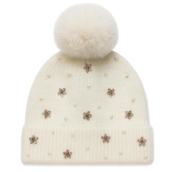 Fuzzy Knit Beanie With Faux Fur Pom, Pearls, & Rhinestone Flower Details 

- One Size Fits Most 
- 100% Polyester 
