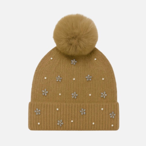 Fuzzy Knit Beanie With Faux Fur Pom, Pearls, & Rhinestone Flower Details 

- One Size Fits Most 
- 100% Polyester 