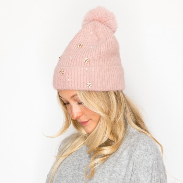 Fuzzy Knit Beanie With Faux Fur Pom, Pearls, & Rhinestone Flower Details - One Size Fits Most - 100% Polyester view 5
