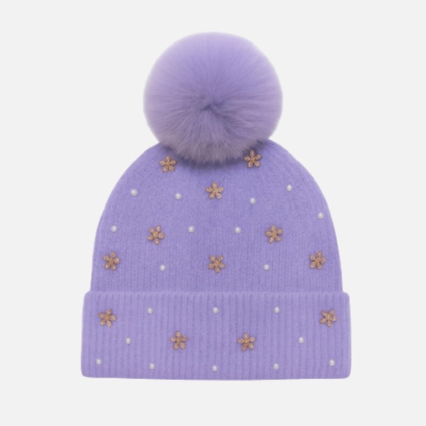 Fuzzy Knit Beanie With Faux Fur Pom, Pearls, & Rhinestone Flower Details 

- One Size Fits Most 
- 100% Polyester 