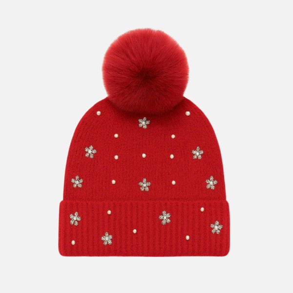 Fuzzy Knit Beanie With Faux Fur Pom, Pearls, & Rhinestone Flower Details 

- One Size Fits Most 
- 100% Polyester 