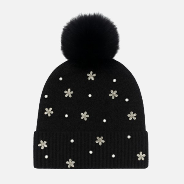 Fuzzy Knit Beanie With Faux Fur Pom, Pearls, & Rhinestone Flower Details 

- One Size Fits Most 
- 100% Polyester 