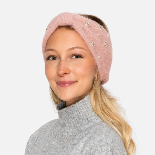 Fuzzy Knit Knotted Headwrap With Pearls & Rhinestone Flower Details 

- One Size Fits Most 
- 100% Polyester 