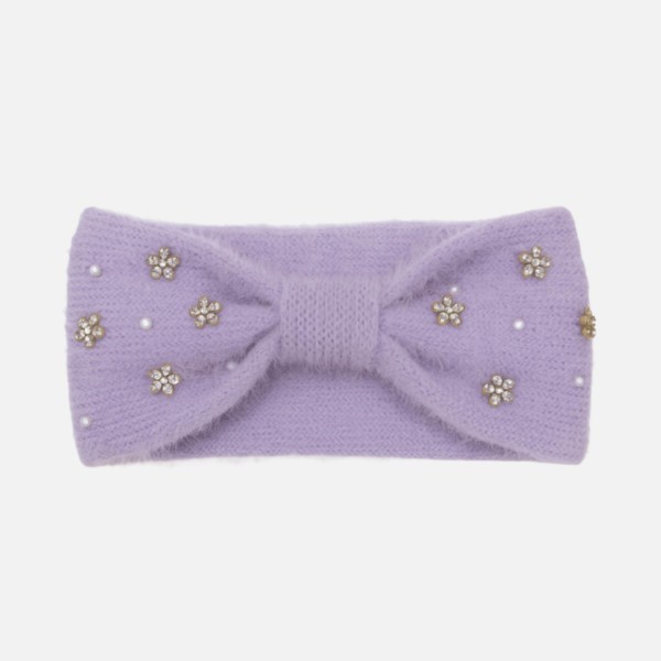Wholesale fuzzy Knit Knotted Headwrap Pearls Rhinestone Flower Details One Fits
