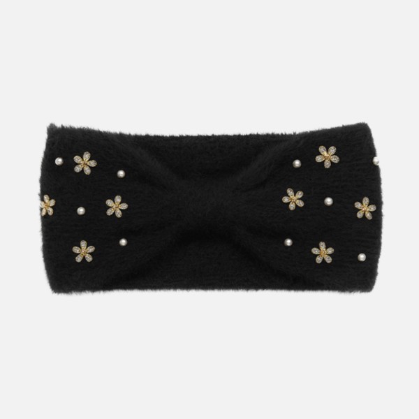 Wholesale fuzzy Knit Knotted Headwrap Pearls Rhinestone Flower Details One Fits