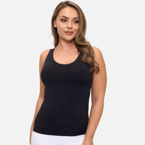 Plus Size Reversible Seamless Tank With Built-In Bra

- Seamless Construction
- U & V Neckline
- Self Fabric Binding
- 92% Nylon  8% Spandex