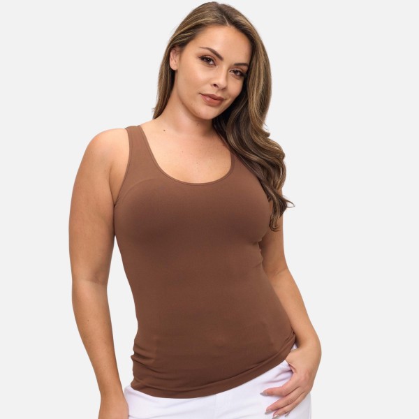 Plus Size Reversible Seamless Tank With Built-In Bra

- Seamless Construction
- U & V Neckline
- Self Fabric Binding
- 92% Nylon  8% Spandex