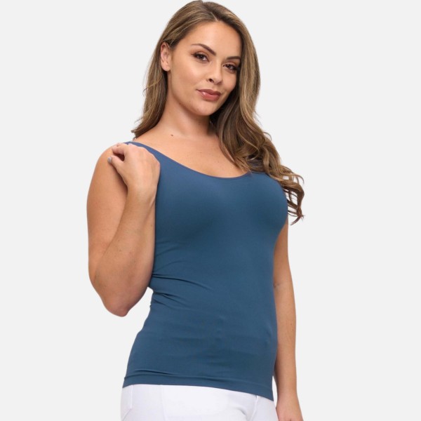 Plus Size Reversible Seamless Tank With Built-In Bra

- Seamless Construction
- U & V Neckline
- Self Fabric Binding
- 92% Nylon  8% Spandex