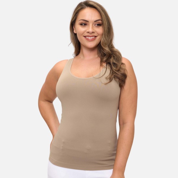 Plus Size Reversible Seamless Tank With Built-In Bra

- Seamless Construction
- U & V Neckline
- Self Fabric Binding
- 92% Nylon  8% Spandex