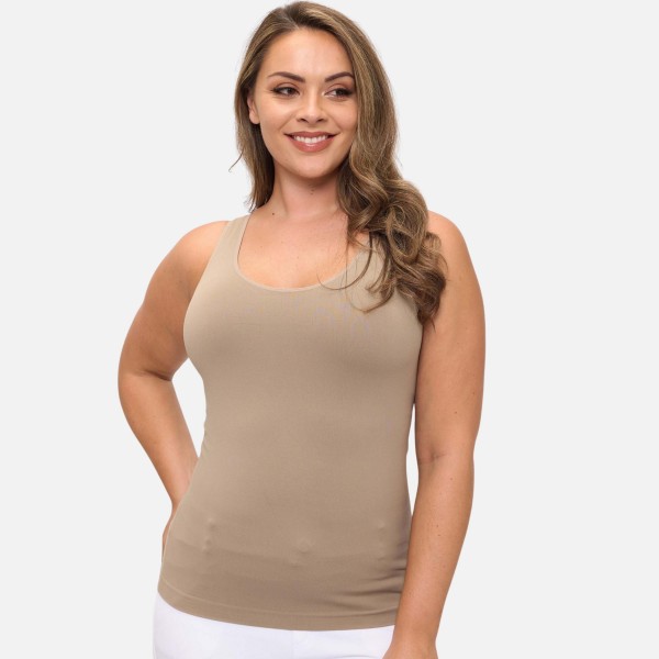 Plus Size Reversible Seamless Tank With Built-In Bra

- Seamless Construction
- U & V Neckline
- Self Fabric Binding
- 92% Nylon  8% Spandex