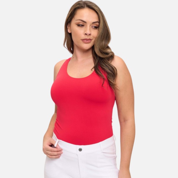 Plus Size Reversible Seamless Tank With Built-In Bra

- Seamless Construction
- U & V Neckline
- Self Fabric Binding
- 92% Nylon  8% Spandex