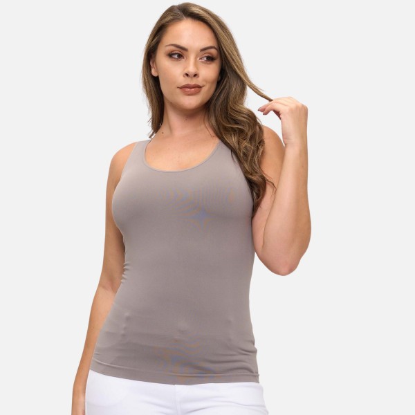 Plus Size Reversible Seamless Tank With Built-In Bra

- Seamless Construction
- U & V Neckline
- Self Fabric Binding
- 92% Nylon  8% Spandex