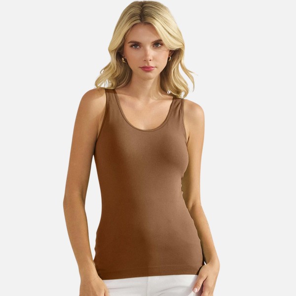 Reversible Seamless Tank With Built-In Bra

- Seamless Construction
- U & V Neckline
- Self Fabric Binding
- 92% Nylon  8% Spandex