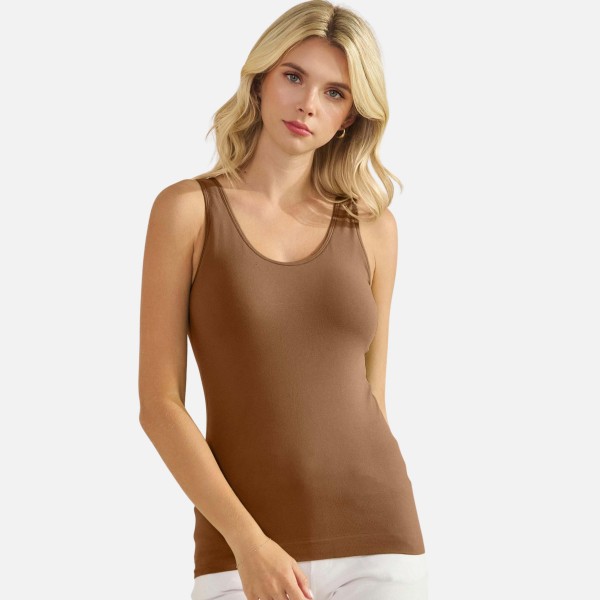 Reversible Seamless Tank With Built-In Bra

- Seamless Construction
- U & V Neckline
- Self Fabric Binding
- 92% Nylon  8% Spandex