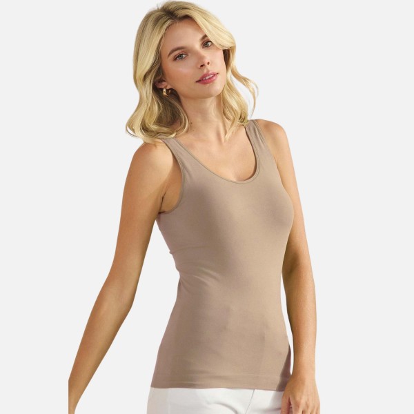 Reversible Seamless Tank With Built-In Bra

- Seamless Construction
- U & V Neckline
- Self Fabric Binding
- 92% Nylon  8% Spandex