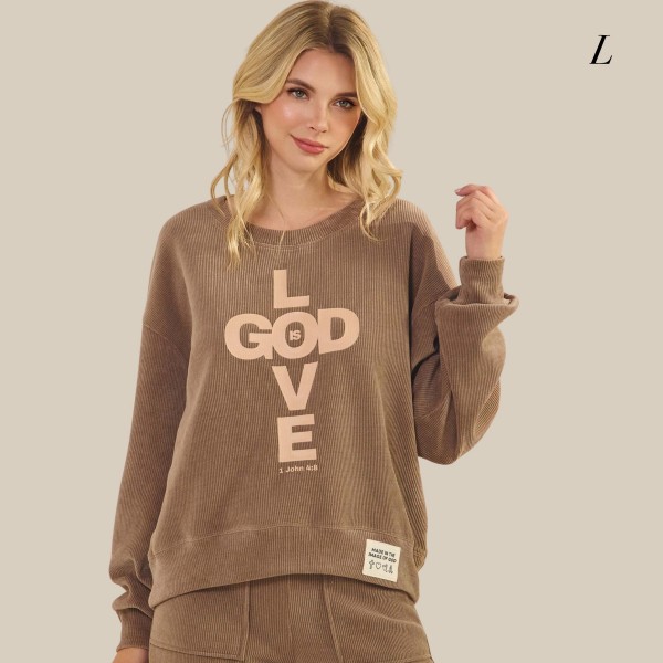 God Is Love Corduroy Pullover Graphic Sweatshirt

- Crew Neck 
- Dropped Shoulder For A Relaxed Silhouette
- Soft Fabric For All-Day Comfort
- Full-Length Sleeves With Cuff Bands 
-  98% Polyester 2% Spandex