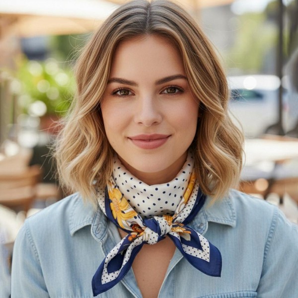 Polka Dot & Daisey Print Bandana Scarf

- Multi-Use: Scarf, Bandana, Bag Tie ETC
- Approximately 27.5"L X 27.5"W
- 100% Polyester