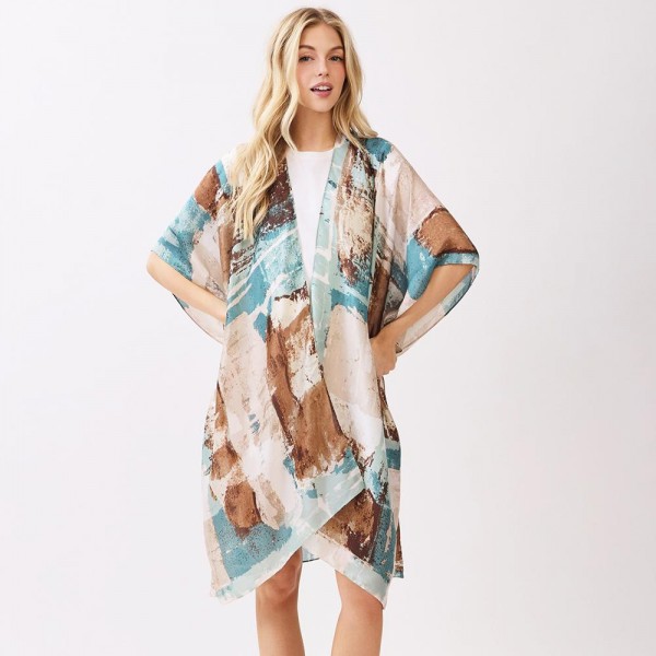 Abstract Modern Art-Inspired Print Kimono

- One Size Fits Most 35" X 36" 
- 100% Polyester 