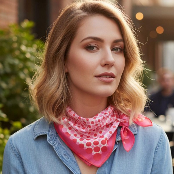 Polka Dots Print Bandana Scarf

- Multi-Use: Scarf, Bandana, Bag Tie ETC
- Approximately 27.5"L X 27.5"W
- 100% Polyester