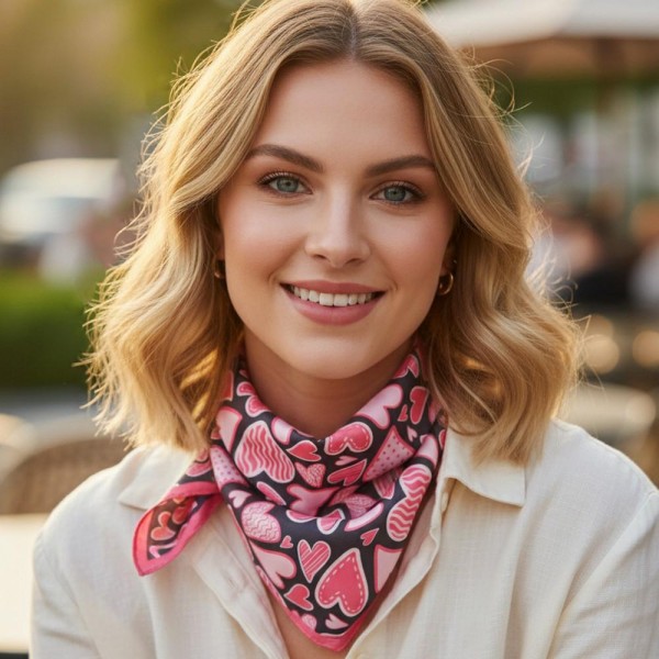 Heart Print Bandana Scarf

- Multi-Use: Scarf, Bandana, Bag Tie ETC
- Approximately 27.5"L X 27.5"W
- 100% Polyester