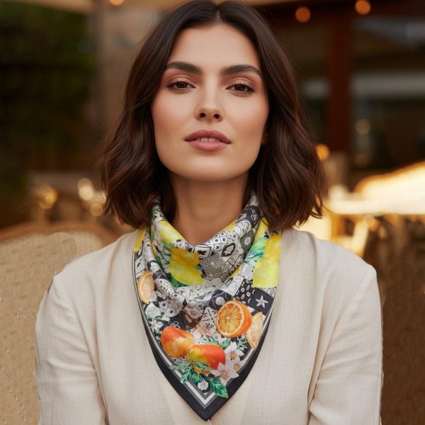 Citrus Mosaic Print Bandana Scarf

- Multi-Use: Scarf, Bandana, Bag Tie ETC
- Approximately 27.5"L X 27.5"W
- 100% Polyester