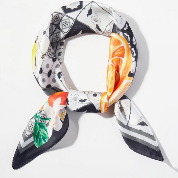 Citrus Mosaic Print Bandana Scarf

- Multi-Use: Scarf, Bandana, Bag Tie ETC
- Approximately 27.5"L X 27.5"W
- 100% Polyester