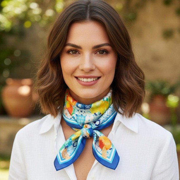 Citrus Mosaic Print Bandana Scarf

- Multi-Use: Scarf, Bandana, Bag Tie ETC
- Approximately 27.5"L X 27.5"W
- 100% Polyester