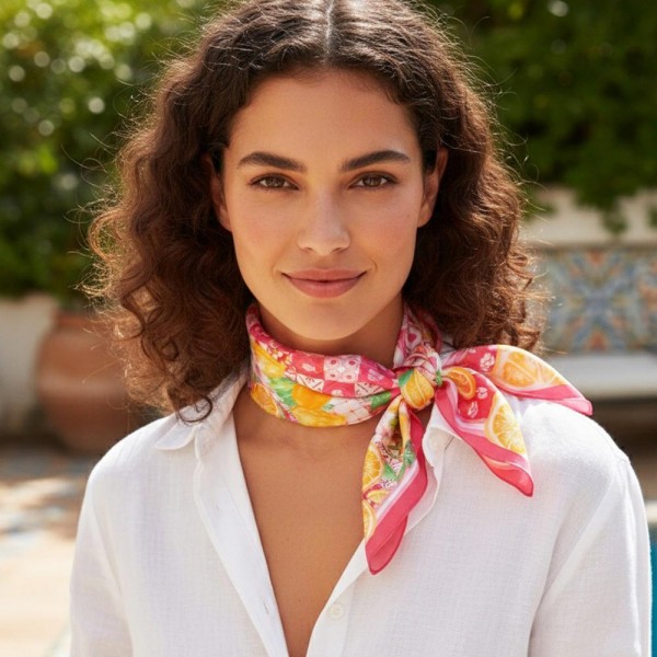 Citrus Mosaic Print Bandana Scarf

- Multi-Use: Scarf, Bandana, Bag Tie ETC
- Approximately 27.5"L X 27.5"W
- 100% Polyester