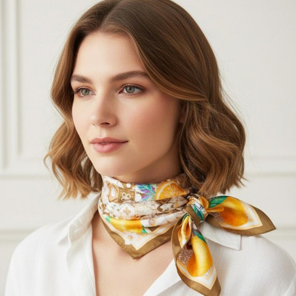 Citrus Mosaic Print Bandana Scarf

- Multi-Use: Scarf, Bandana, Bag Tie ETC
- Approximately 27.5"L X 27.5"W
- 100% Polyester