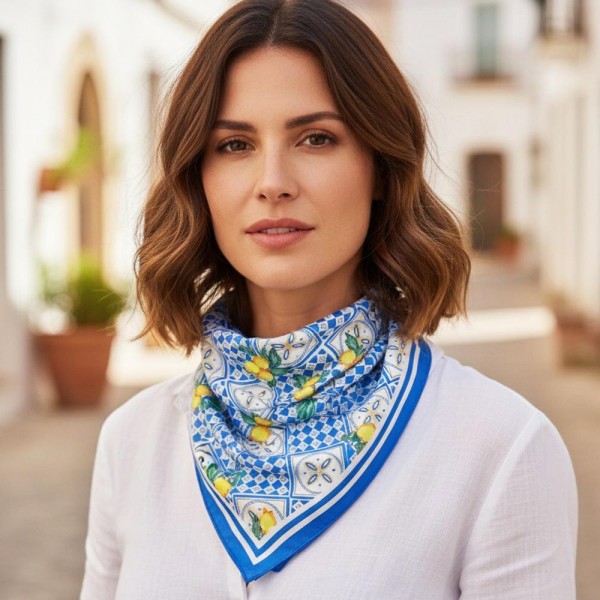Mediterranean Mosaic Print Bandana Scarf

- Multi-Use: Scarf, Bandana, Bag Tie ETC
- Approximately 27.5"L X 27.5"W
- 100% Polyester