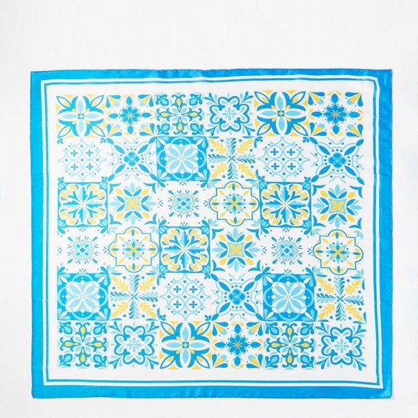 Garden Tile Mosaic Print Bandana Scarf - Multi-Use: Scarf, Bandana, Bag Tie ETC - Approximately 27.5"L X 27.5"W - 100% Polyester view 5