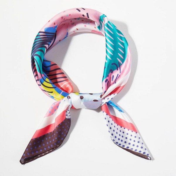 Abstract Collage Print Bandana Scarf

- Multi-Use: Scarf, Bandana, Bag Tie ETC
- Approximately 27.5"L X 27.5"W
- 100% Polyester