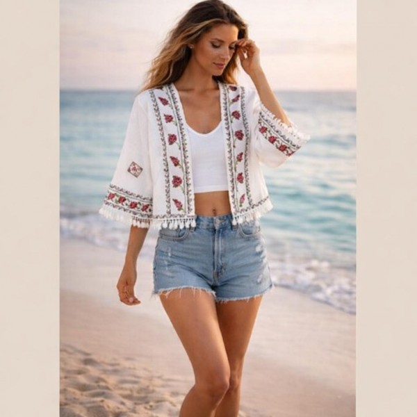 Aztec Embroidery & Fringe Kimono

- One Size Fits Most 
- Waist Length 
- Half Length Sleeves 

