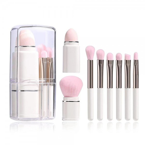8 Piece Makeup Brush Set 

- Includes:
1 Retractable Powder Brush 
7 Mini Travel Brushes 
Compact & Portable Case 

- Approximately 4" L