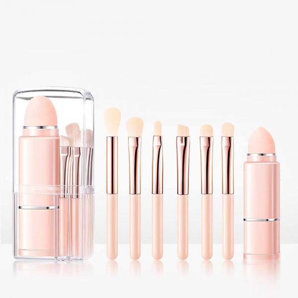 8 Piece Makeup Brush Set 

- Includes:
1 Retractable Powder Brush 
7 Mini Travel Brushes 
Compact & Portable Case 

- Approximately 4" L