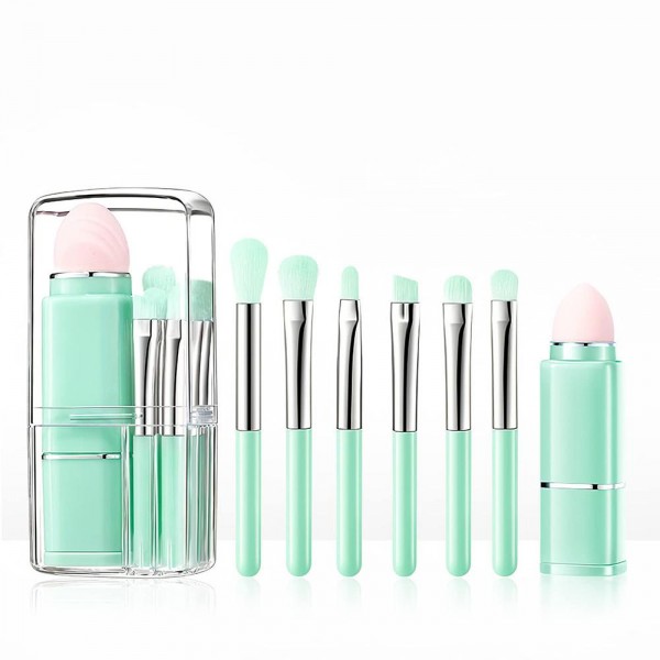 8 Piece Makeup Brush Set 

- Includes:
1 Retractable Powder Brush 
7 Mini Travel Brushes 
Compact & Portable Case 

- Approximately 4" L